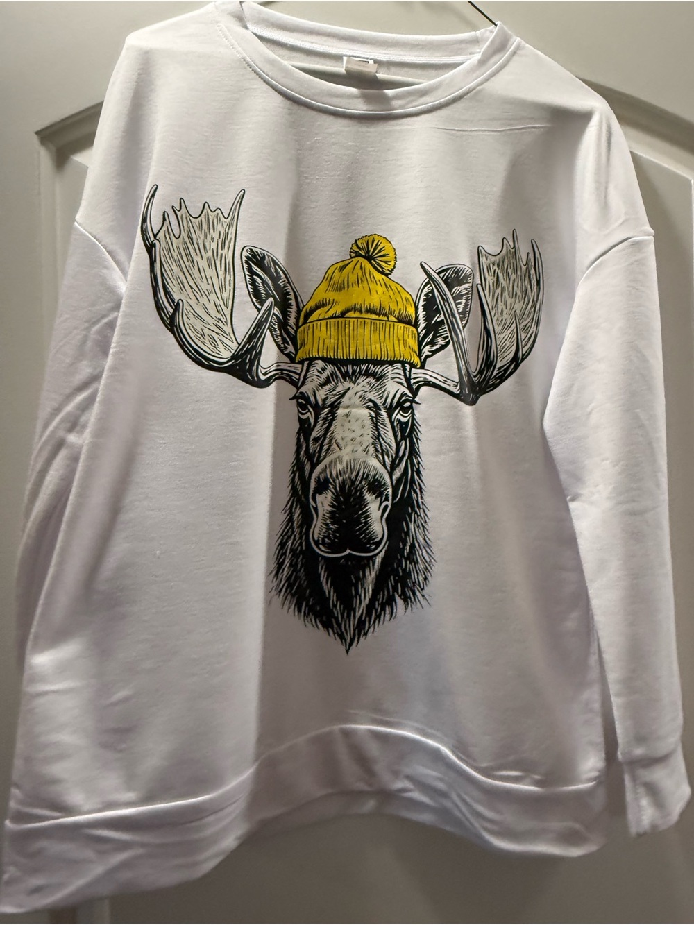 SHEIN White Sweatshirt with Yellow Beanie Moose Graphic